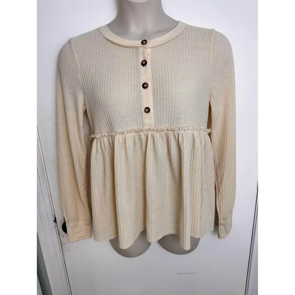 Blu Pepper cream womens Waffle Knit Pleated | Top size large  #0787 - Picture 1 of 8
